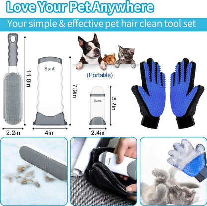 Pet Hair Remover & Pet Grooming Gloves Kit, Perfect for Dog & Cat with Long & Short Fur, Efficient Double-Sided Brush with Self-Cleaning Base for Clothing, Furniture, Carpet, Car Seat Blue