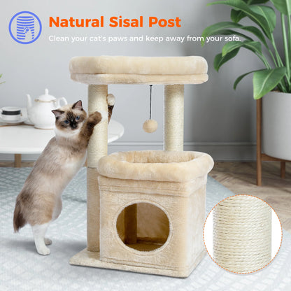 27-Inch Plush Cat Tree with Condo and Scratching Posts for Medium Cats - Beige