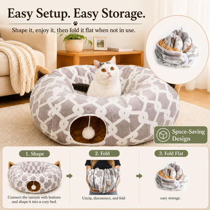 Cozy Cat Tunnel Bed with Fluffy Toy Balls & Cushion - Flexible 3 Ft Design for Cats & Small Dogs - Stylish Gray Geometric Pattern