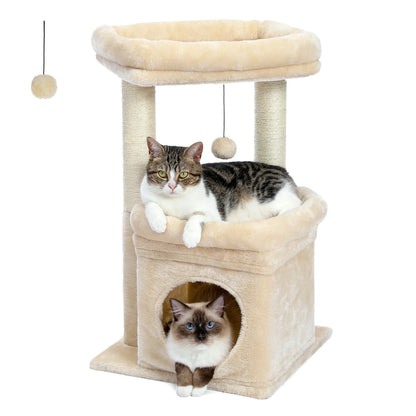 27-Inch Plush Cat Tree with Condo and Scratching Posts for Medium Cats - Beige