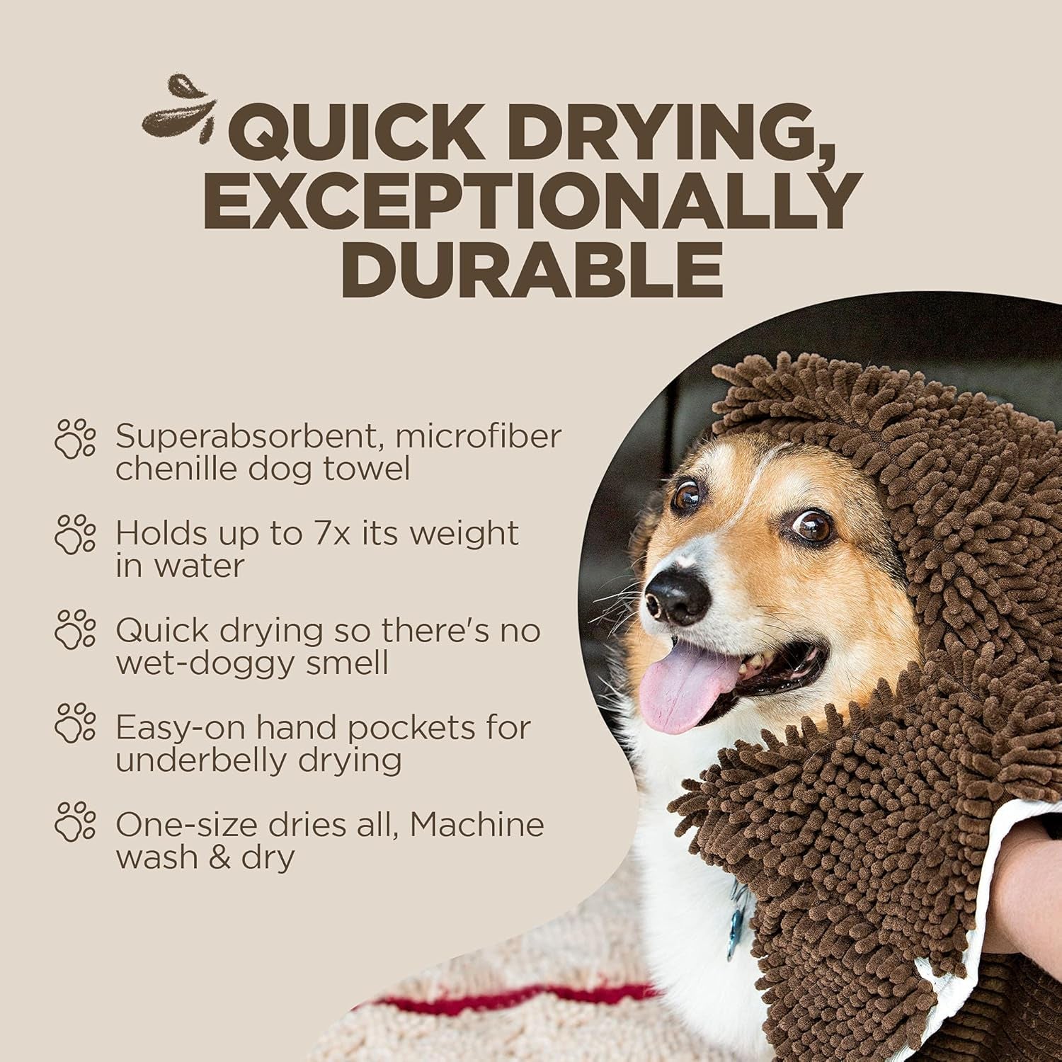 Soggy Doggy Super Shammy Absorbent Dog Towel, Chocolate, 31X14 | Hand-Pocket Design; Noodle-Texture Chenille; Gentle on Paws & Skin; for Bath Time, Beach, Muddy Walks; Quick-Dry