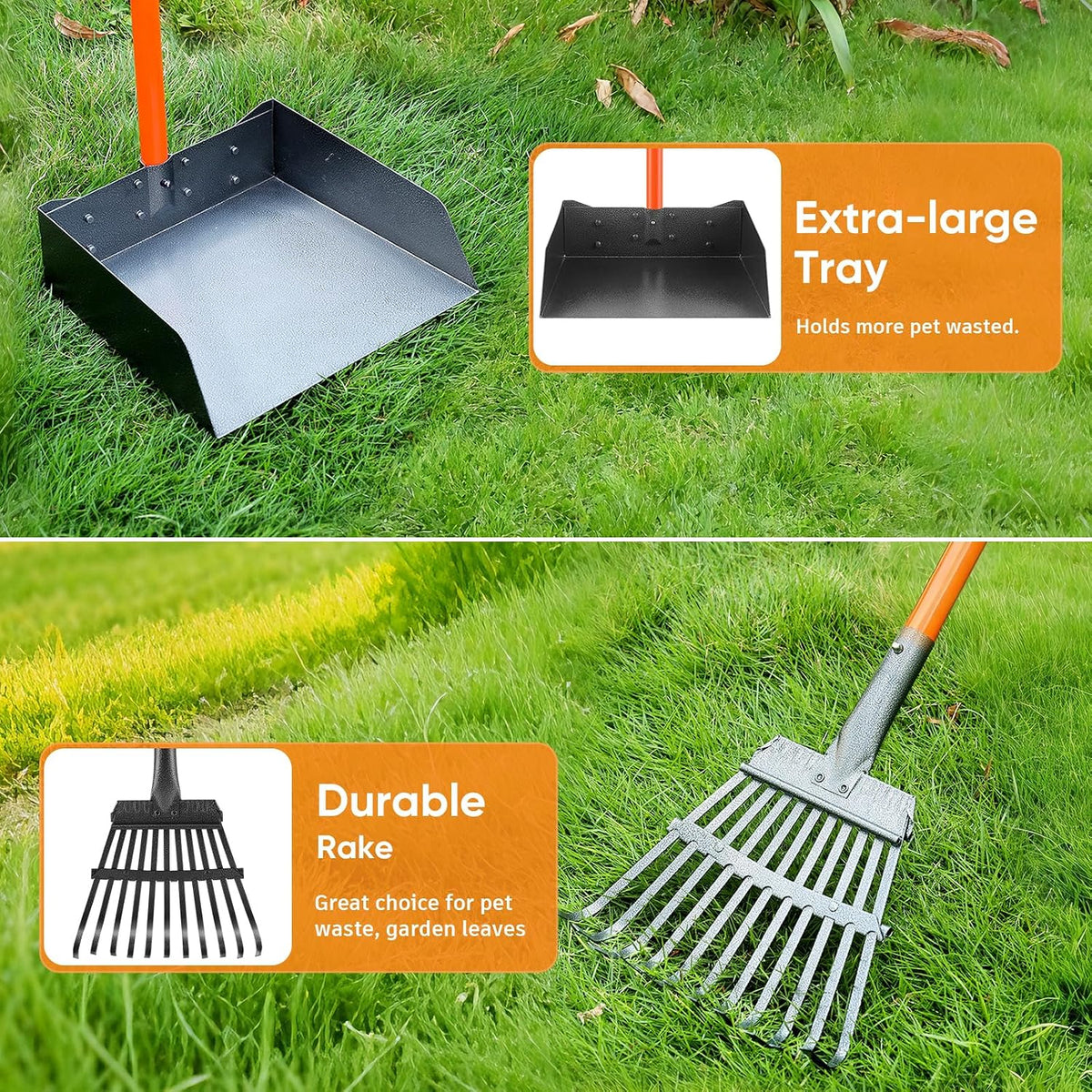 Heavy Duty Pooper Scooper for Large Dogs - XL Stainless Steel Rake & Tray with 38.5" Extended Reach, Rust-Proof Design, Perfect for Grass, Dirt, and Gravel - No Bending Required!