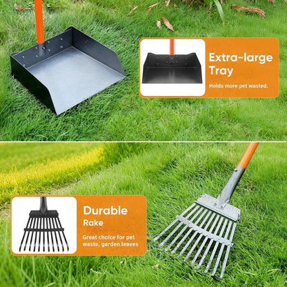 Heavy Duty Pooper Scooper for Large Dogs - XL Stainless Steel Rake & Tray with 38.5" Extended Reach, Rust-Proof Design, Perfect for Grass, Dirt, and Gravel - No Bending Required!