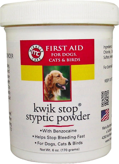 Kwik Stop Styptic Powder for Dogs, Cats, and Birds, 6 Ounce | Fast Acting Blood Stop Powder with Pain Relieving Benzocaine, for Nail & Claw Clipping, Wing Trimming, or Minor Cuts