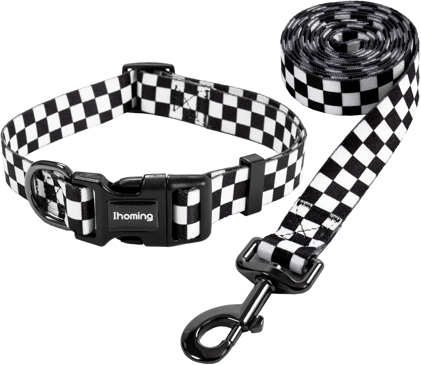 Dog Collar and Leash Set for Daily Outdoor Walking Running Training, Chess Board Design for Small Boys Girls Dogs Cats Pets, S-Up to 20LBS