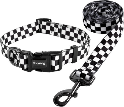 Dog Collar and Leash Set for Daily Outdoor Walking Running Training, Chess Board Design for Small Boys Girls Dogs Cats Pets, S-Up to 20LBS