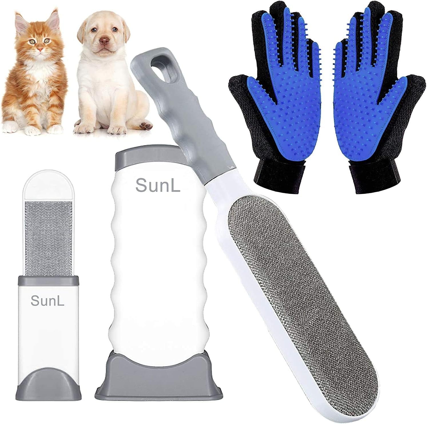 Pet Hair Remover & Pet Grooming Gloves Kit, Perfect for Dog & Cat with Long & Short Fur, Efficient Double-Sided Brush with Self-Cleaning Base for Clothing, Furniture, Carpet, Car Seat Blue