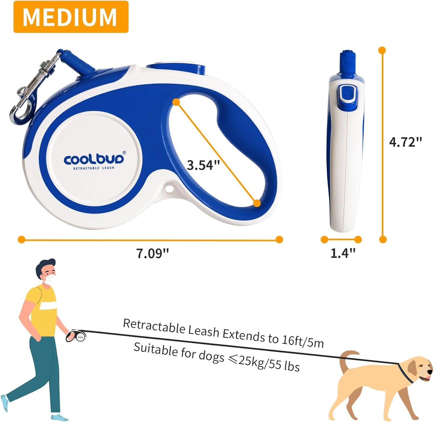 Heavy-Duty Retractable Dog Leash, 16ft Tangle-Free Design with Anti-Slip Handle for Medium Dogs, Reflective Nylon Tape, One-Handed Brake, Pause, and Lock (Blue, Medium)