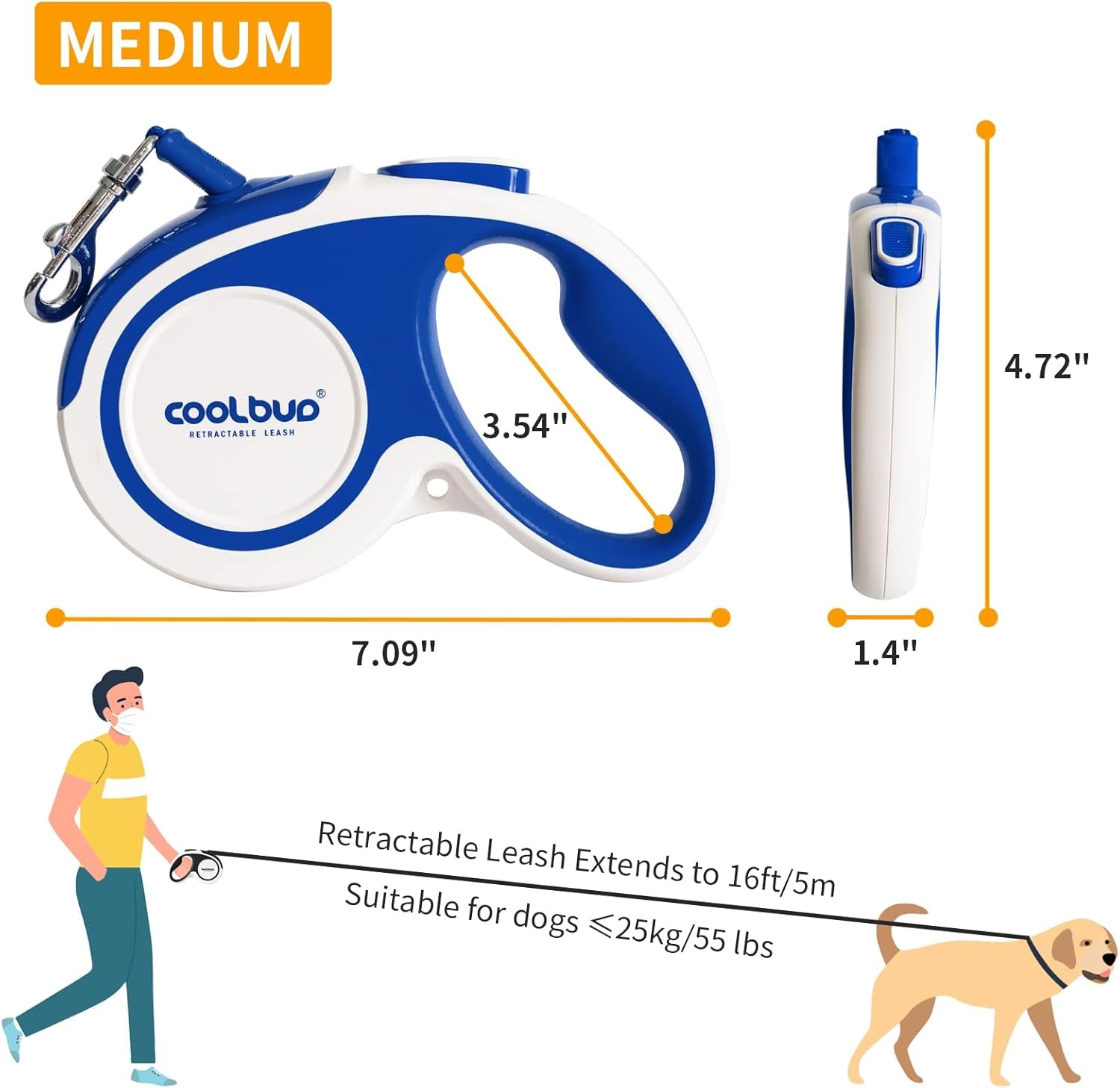 Heavy-Duty Retractable Dog Leash, 16ft Tangle-Free Design with Anti-Slip Handle for Medium Dogs, Reflective Nylon Tape, One-Handed Brake, Pause, and Lock (Blue, Medium)