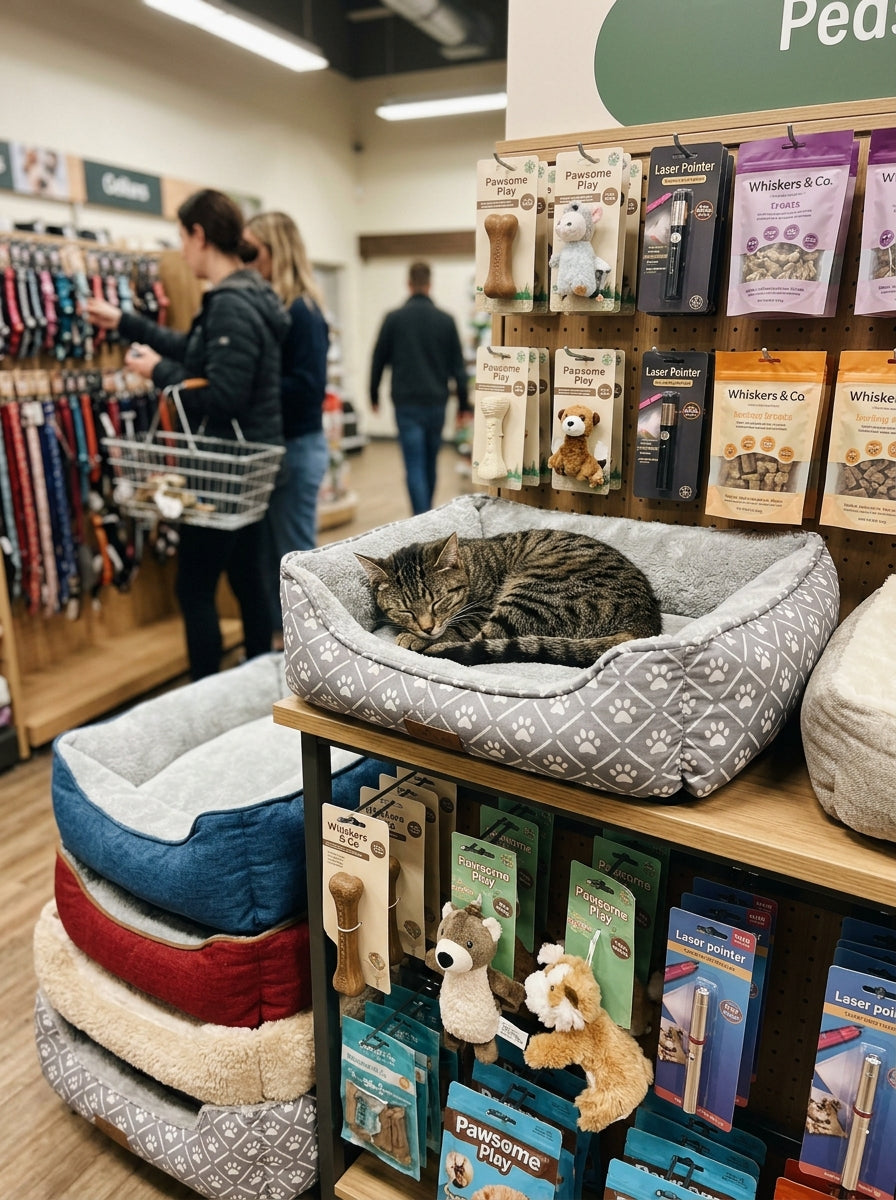 Cat lying on a pet bed in a store with various pet products displayed.